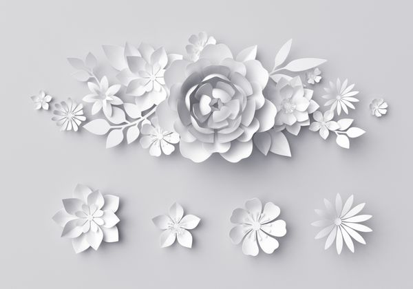 رندر سه بعدی تصاویر دیجیتال پس زمینه گل کاغذی سفید تزیین عروسی لباس عروس المان های طرح گل