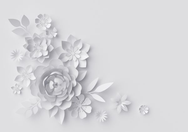 رندر سه بعدی تصاویر دیجیتال پس زمینه گل های کاغذی سفید تزیین عروسی لباس عروس الگوی کارت تبریک دکور دیوار گلدار خالی