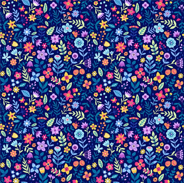 الگوی گل زیبا در گل کوچک چاپ دیتسی نقوش پراکنده تصادفی بافت وکتور بدون درز قالب زیبا برای چاپ مد چاپ با گل های رنگارنگ کوچک پس زمینه آبی