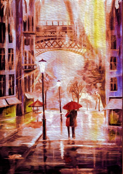 یک غروب بارانی با آبرنگ در پاریس برج ایفل و تابش خیره کننده انعکاسی خیابان و زوج عاشقی که دست در دستانشان زیر چتر راه می روند طرح نقاشی هنری امپرسیونیسم