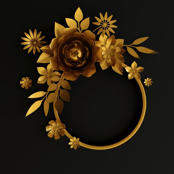 رندر سه بعدی تصاویر دیجیتال دکوراسیون گل طلایی اکلیل گرد قاب برچسب برچسب برگ های طلا تزیین گل های پیچیده جدا شده در پس زمینه سیاه