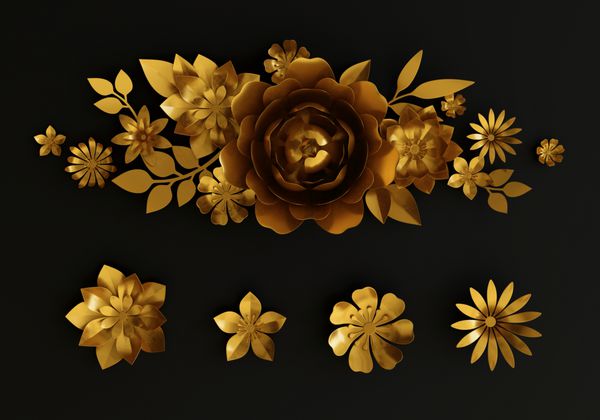 رندر سه بعدی تصاویر دیجیتال دکوراسیون گل طلایی برگ های طلا تزیین گل عناصر طراحی جدا شده در پس زمینه سیاه