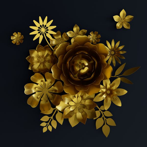 رندر سه بعدی تصاویر دیجیتال دکوراسیون گل طلایی دکور دیوار متالیک برنج گل و برگ طلا دسته گل تزیین جدا شده در زمینه سیاه