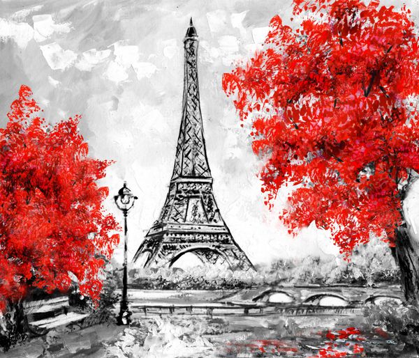 نقاشی رنگ روغن پاریس چشم انداز شهر اروپا فرانسه کاغذ دیواری برج ایفل سیاه سفید و قرمز هنر مدرن درختان
