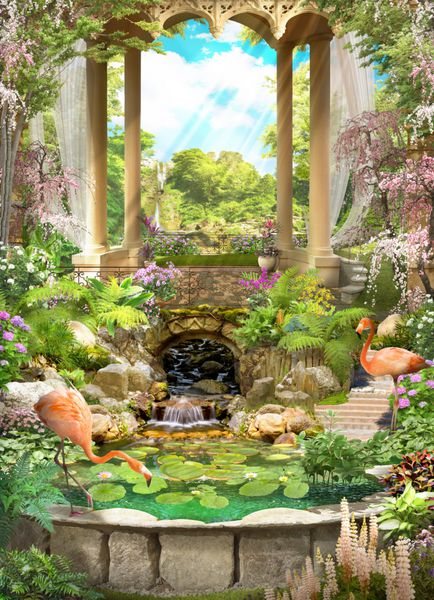 طاق کلاسیک گلدار با آلاچیق حوضچه فلامینگو و گیلاس آبشار و باغ پر شکوفه حال و هوای عاشقانه