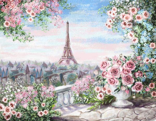 نقاشی رنگ روغن تابستان در پاریس منظره شهر ملایم گل رز و برگ دید از بالای بالکن برج ایفل فرانسه کاغذ دیواری هنر مدرن آبرنگ