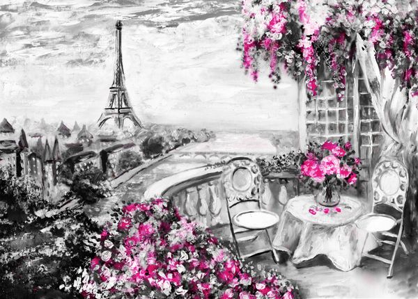 نقاشی رنگ روغن کافه تابستانی در پاریس منظره شهر ملایم گل انتزاعی دید از بالای بالکن برج ایفل فرانسه کاغذ دیواری هنر مدرن