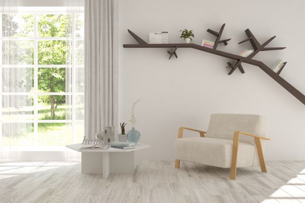 اتاق سفید با صندلی راحتی و منظره سبز در پنجره طراحی داخلی اسکاندیناوی تصویر سه بعدی