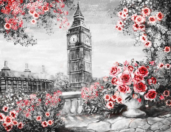 نقاشی رنگ روغن تابستان در لندن منظره شهر ملایم گل رز و برگ دید از بالای بالکن بیگ بن انگلستان کاغذ دیواری هنر مدرن آبرنگ قرمز سیاه و سفید