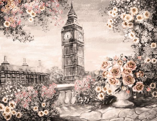 نقاشی رنگ روغن تابستان در لندن منظره شهر ملایم گل رز و برگ دید از بالای بالکن بیگ بن انگلستان کاغذ دیواری هنر مدرن آبرنگ قهوه ای