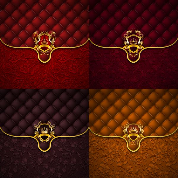 مجموعه ای از سپرهای طلایی زیبا با تاج طلایی دکور فیلیگرانی در زمینه پاکت تزئینی الگوی بدون درز گل‌های لوکس بافت دکمه‌دار جلیقه به سبک وینتیج وکتور
