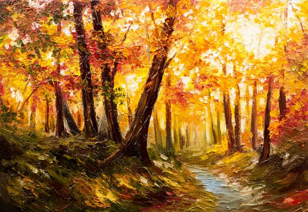 منظره نقاشی رنگ روغن - جنگل پاییزی در نزدیکی رودخانه برگ های نارنجی