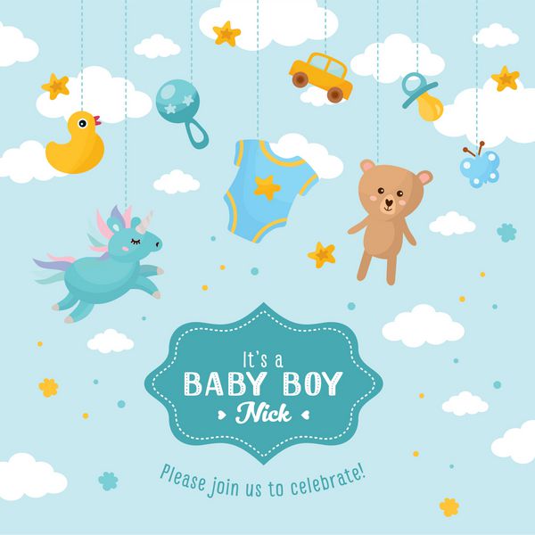 کارت دوش نوزاد پسر قالب دعوت با اسباب بازی های زیبا لطفا برای متن شما برچسب هایی با حروف و تصویر کودکان