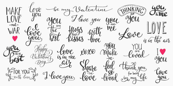 ست حروف عاشقانه کارت پستال خوشنویسی یا المان تایپوگرافی طراحی گرافیکی پوستر وکتور دست نوشته علامت روز مبارک عشق در هوا شما مرا با هم برای همیشه خوشحال می کنید