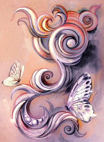 عنصر تزئینی انتزاعی حجمی زیبا الگوی رویشی با پروانه ها در رنگ های قهوه ای روشن و آبی تصویر دستی - طراحی آبرنگ طرح روی کاغذ کرافت قدیمی بافت دار