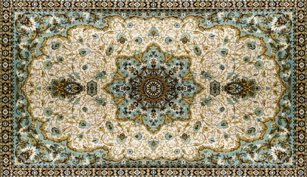 بافت فرش ایرانی زینت انتزاعی طرح ماندالای گرد بافت پارچه فرش سنتی خاورمیانه فیروزه ای آبی شیری خاکستری قهوه ای زرد رنگ