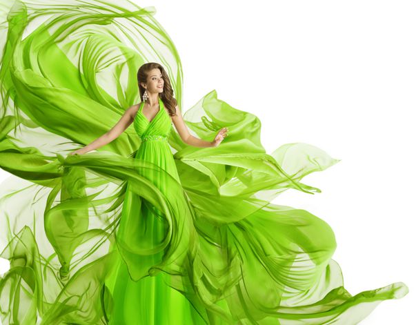 لباس پرنده زن مد مدل لباس مجلسی سبز که پارچه ابریشمی را تکان می دهد پارچه روان جدا شده روی سفید