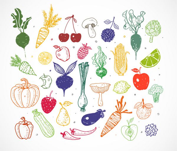 میوه ها و سبزیجات ابله رنگی جدا شده روی سفید تصویر وکتور طرح غذای سالم