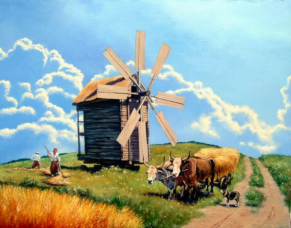 منظره اوکراین آسیاب بادی نقاشی رنگ روغن