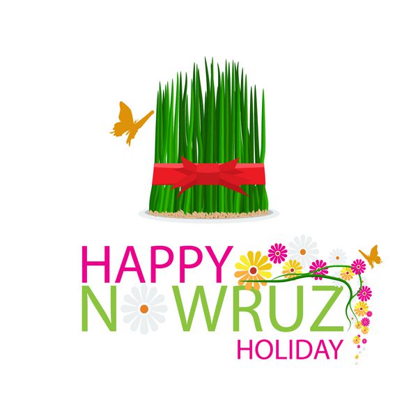 سمنی چمن تعطیلات نوروز در بشقاب با روبان قرمز وکتور طراحی سبک رنگ مسطح قاب با چمن سبز و برگ