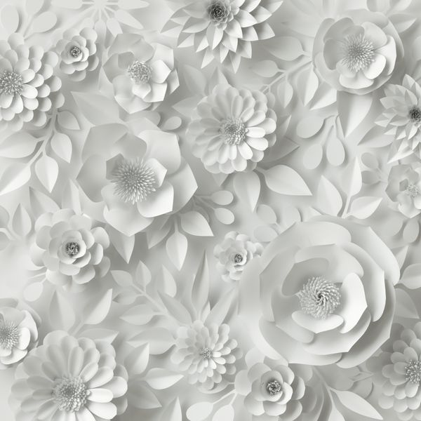 رندر سه بعدی تصاویر دیجیتال گل کاغذی سفید پس زمینه گل دسته گل عروس کارت عروسی کویلینگ الگوی کارت تبریک