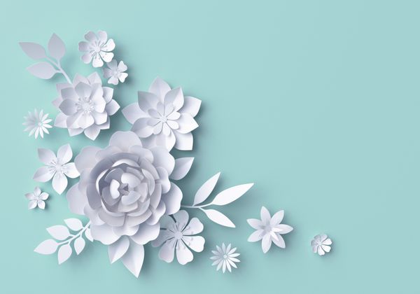 رندر سه بعدی تصاویر دیجیتال گل های کاغذی سفید دکور روز پس زمینه گل پاستل دسته گل عروس عروسی کویلینگ کارت تبریک عید پاک