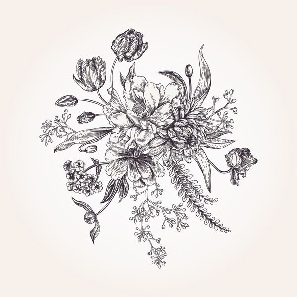 دسته گل های بهاری به سبک وینتیج سیاه و سفید عنصر طراحی