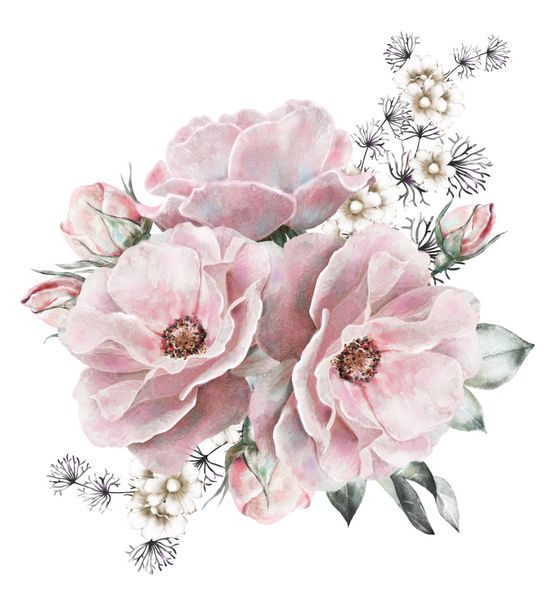 گل های آبرنگ تصویر گل رز دسته گل جدا شده در پس زمینه سفید گیاهان برگ ترکیب زیبا برای عروسی یا کارت تبریک دسته گل عاشقانه