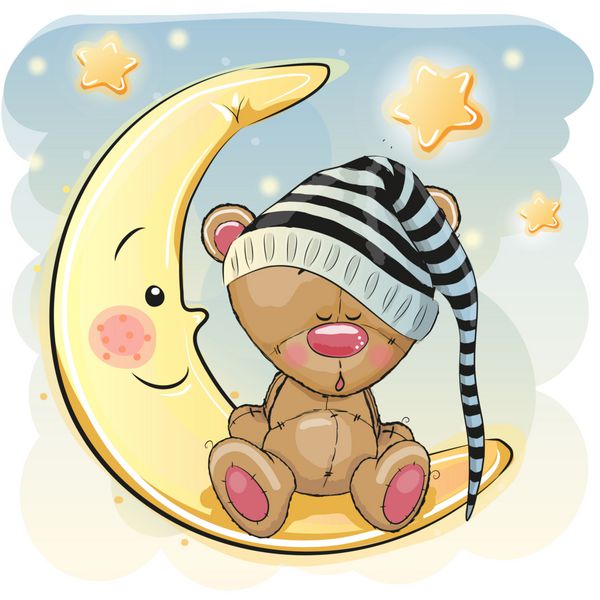 خرس عروسکی کارتونی زیبا روی ماه خوابیده است