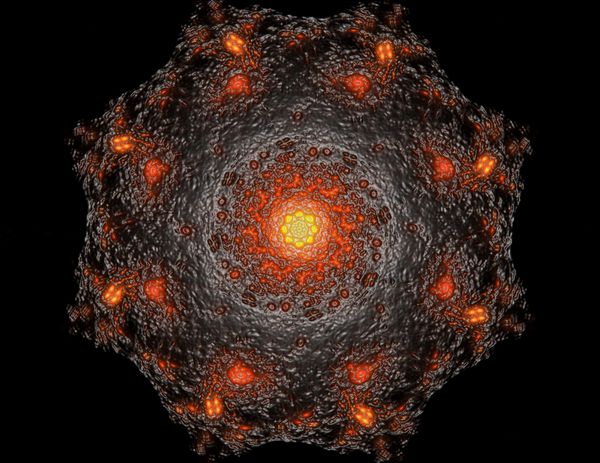 ذرات تصویر سه بعدی فرم های فراکتال انتزاعی با موضوع علم فیزیک هسته ای و طراحی گرافیک رندر سه بعدی هندسه بافت هولوگرام دیجیتال کوانتومی مقدس آینده نگر