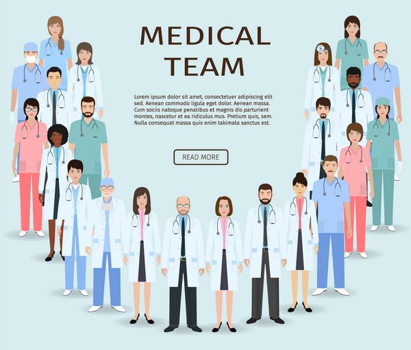 تیم پزشکی گروهی از پزشکان و پرستاران کنار هم ایستاده اند وکتور بنر وب سایت پزشکی شخصیت های طراحی تخت کارکنان بیمارستان