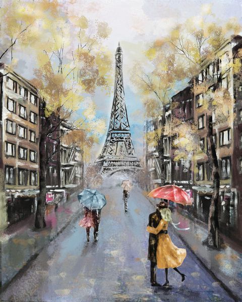 نقاشی رنگ روغن پاریس چشم انداز شهر اروپا فرانسه کاغذ دیواری برج ایفل هنر مدرن زوج زیر یک چتر در خیابان