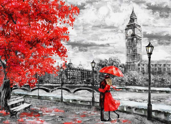 نقاشی رنگ روغن روی بوم خیابان لندن اثر هنری بیگ بن زن و مرد زیر یک چتر قرمز درخت انگلستان پل و رودخانه