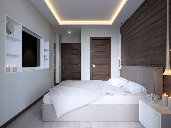 اتاق خواب مدرن با پانل های سه بعدی چوبی روی دیوار نور پس زمینه LED در سقف رندر سه بعدی