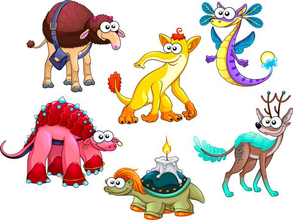 گروهی از حیوانات عجیب خنده دار وکتور کارتونی شخصیت های جدا شده