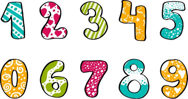 مجموعه ای از اعداد رنگارنگ طراحی شده با دست برای مجموعه سبک کارتونی کودکان یا پس زمینه کودک مجموعه ای از اعداد از صفر تا نه جدا شده در پس زمینه سفید وکتور