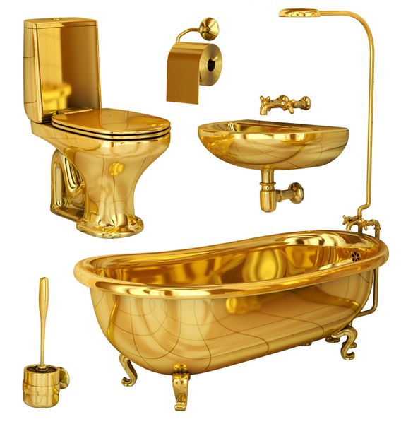 حمام توالت سینک و لوازم جانبی ساخته شده از طلا مجموعه تصویر سه بعدی جدا شده روی سفید
