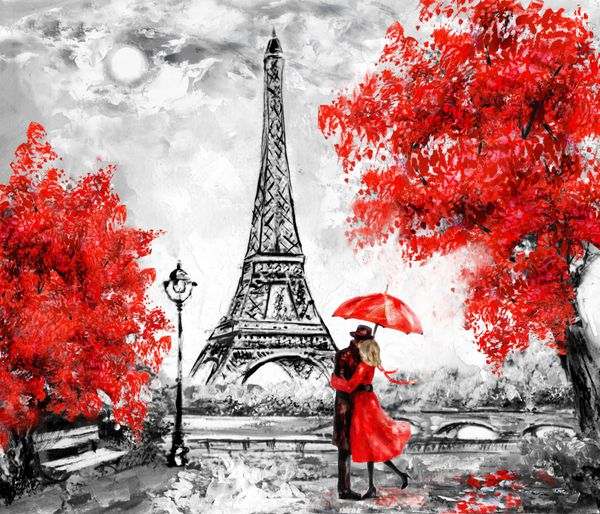 نقاشی رنگ روغن پاریس چشم انداز شهر اروپا فرانسه کاغذ دیواری برج ایفل سیاه سفید و قرمز هنر مدرن زوج زیر یک چتر در خیابان