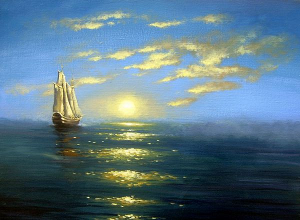نقاشی دریا کشتی روغن و اکریلیک