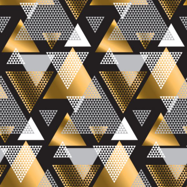 موتیف خلاقانه تکرار شونده رنگ طلایی و مشکی با مثلث برای بسته بندی کاغذ یا پارچه وکتور الگوی بدون درز مدرن به سبک هندسه