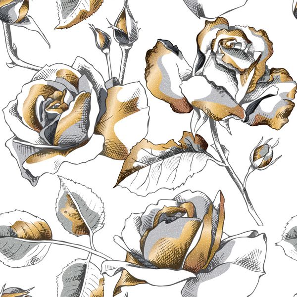 الگوی بدون درز با تصویر گل های رز طلایی در پس زمینه سفید وکتور