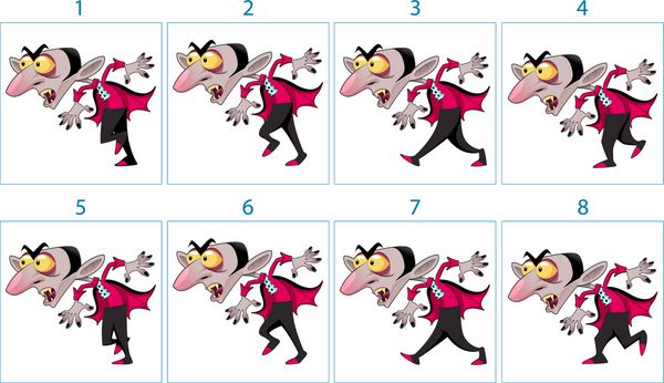 انیمیشن شخصیت خون آشام کارتونی خنده دار در 8 فریم در حلقه عناصر وکتور جدا شده