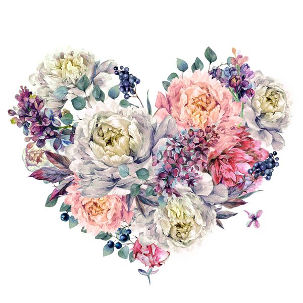 تزئینات گل به شکل قلب آبرنگ ساخته شده از گل صد تومانی یاس بنفش اکالیپتوس نقره ای و انواع توت ها دکوراسیون عروسی به سبک وینتیج جدا شده روی سفید