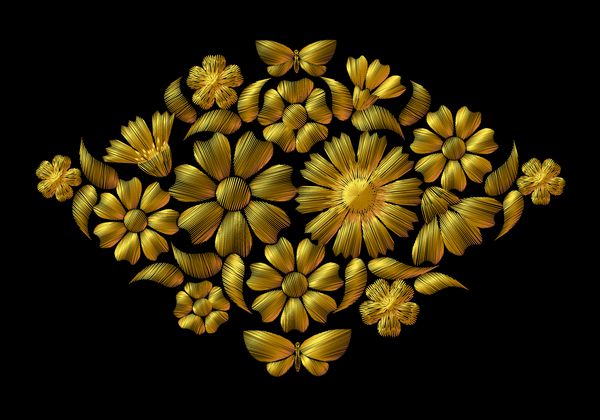 گلدوزی درخشان روی پس زمینه مشکی گل های طلایی زیور سنتی طراحی قدیمی برای لباس چاپ زیبا روی پارچه وکتور
