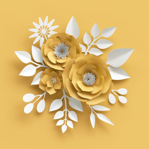 رندر سه بعدی تصاویر دیجیتال پس زمینه گل کاغذی زرد تزئینی برگ های سفید کارت تبریک روز دسته گل عید پاک ترکیب گل آفتابی