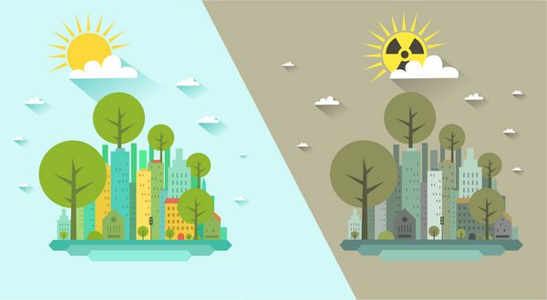 مفهوم اکولوژی در مقابل تشعشعات هسته ای شهر سبز زیست محیطی در مقابل فاجعه هسته ای خورشید با علامت تابش در پس زمینه ابرهای آسمان وکتور رنگارنگ به سبک طراحی مسطح