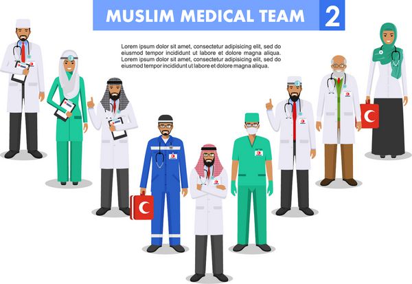 مفهوم پزشکی تصویر دقیق پزشک و پرستار عرب مسلمان به سبک مسطح جدا شده در پس زمینه سفید پزشک معالج عربی مرد و زن ایستاده وکتور