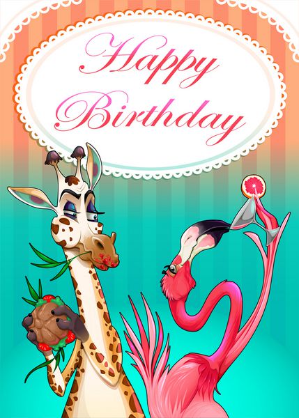 کارت تبریک تولد با حیوانات خنده دار وکتور تصویر کارتونی