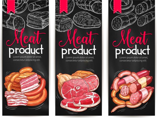 بنرهای خوراکی های گوشتی و محصولات قصابی شامل بیکن گوشت خوک ژامبون بریسک گوشت گاو یا گوساله پپرونی یا سوسیس سالامی و گوشت خوک استیک یا رست بیف طراحی تخته سیاه برای مغازه قصابی