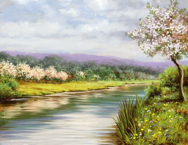 بهار نقاشی منظره رودخانه هنر